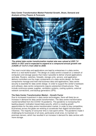 Data Center Transformation Market Potential Growth, Share, Demand and  Analysis