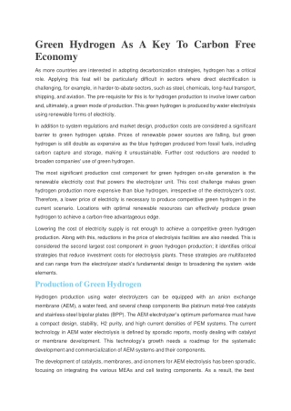 Green Hydrogen As A Key To Carbon Free Economy