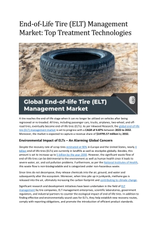 End-of-Life Tire (ELT) Management Market: Top Treatment Technologies