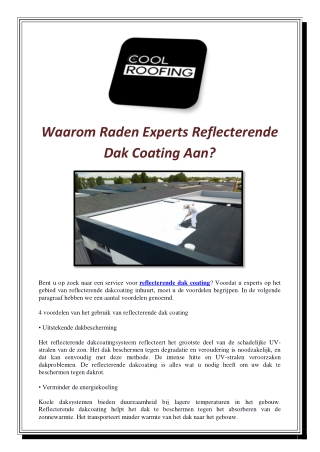 Waarom Raden Experts Reflecterende Dak Coating Aan?