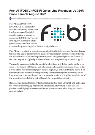 Fobi AI (FOBI.V)(FOBIF) Qples Line Revenues Up 350% Since Launch August 2022