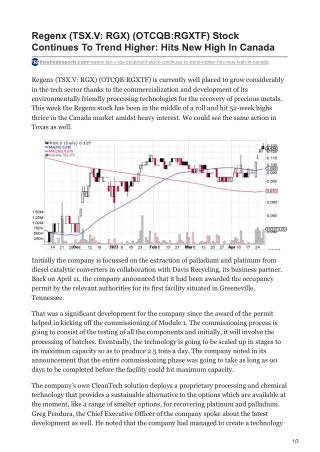 Regenx (TSX.V- RGX) (OTCQB-RGXTF) Stock Continues To Trend Higher- Hits New High In Canada