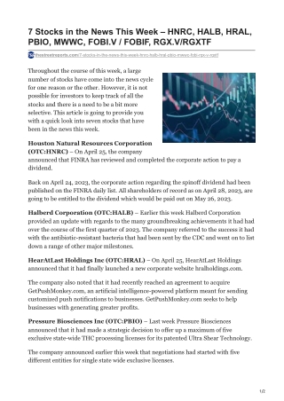 7 Stocks in the News This Week – HNRC, HALB, HRAL, PBIO, MWWC, FOBI.V - FOBIF, RGX.V-RGXTF