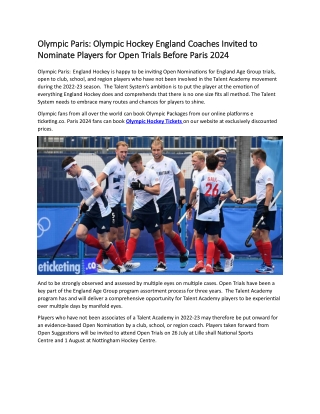 Olympic Paris Olympic Hockey England Coaches Invited to Nominate Players for Open Trials Before Paris 2024