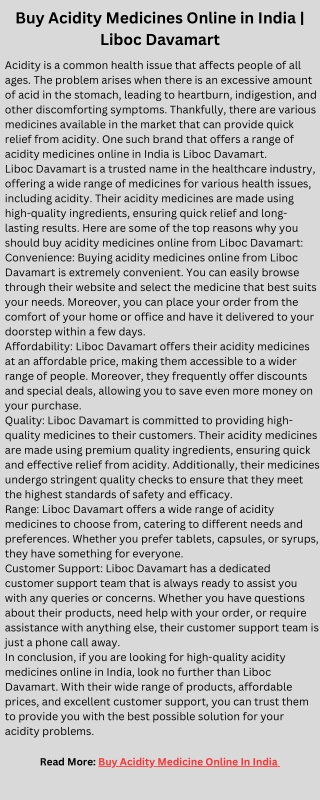 Buy Acidity Medicines Online in India  Liboc Davamart