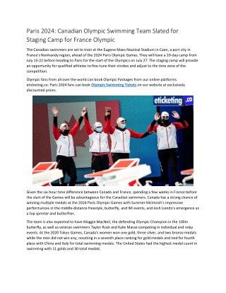 Paris 2024 Canadian Olympic Swimming Team Slated for Staging Camp for France Olympic