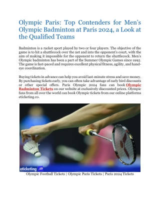 Olympic Paris Top Contenders for Men's Olympic Badminton at Paris 2024, a Look at the Qualified Teams