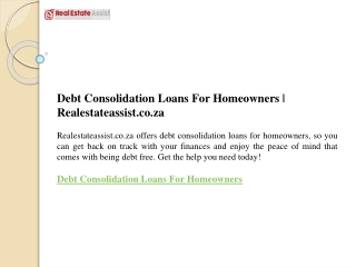 Debt Consolidation Loans For Homeowners  Realestateassist.co.za