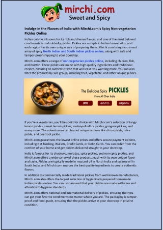 Indulge in the Flavors of India with Mirchi.com's Spicy Non-vegetarian Pickles