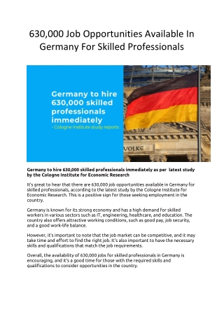 630,000 Job Opportunities Available In Germany For Skilled Professionals