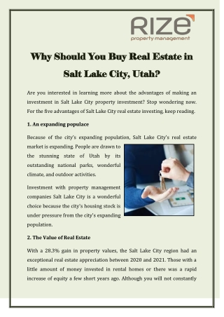 Why Should You Buy Real Estate in Salt Lake City, Utah