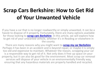 Scrap Cars Berkshire How to Get Rid of Your Unwanted Vehicle