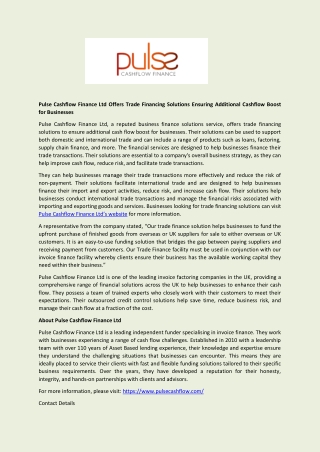 Pulse Cashflow Finance Ltd Offers Trade Financing Solutions Ensuring Additional Cashflow Boost for Businesses