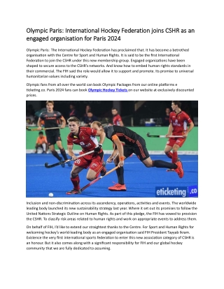 Olympic Paris  International Hockey Federation joins CSHR as an engaged  for Paris 2024