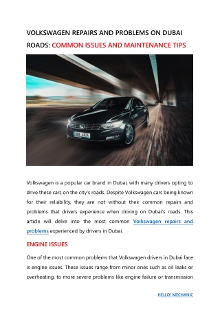 VOLKSWAGEN REPAIRS AND PROBLEMS ON DUBAI ROADS