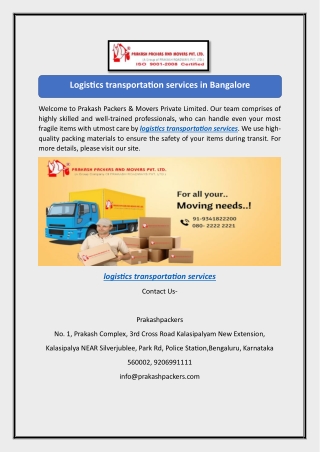 Logistics transportation services in Bangalore