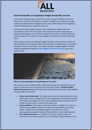 Know the Benefits of using Bulyea Heights Ready Mix Concrete