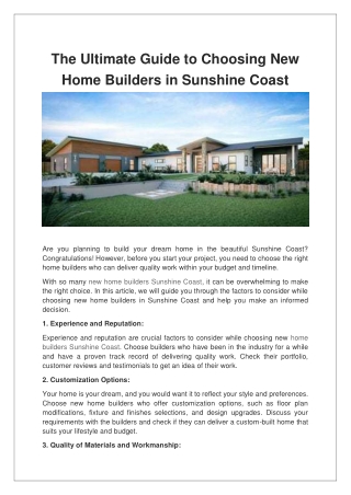 The Ultimate Guide to Choosing New Home Builders in Sunshine Coast