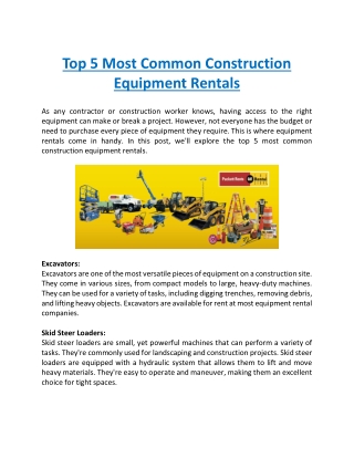 Top 5 Most Common Construction Equipment Rentals