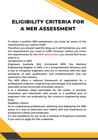 Eligibility Criteria For A NER Assessment