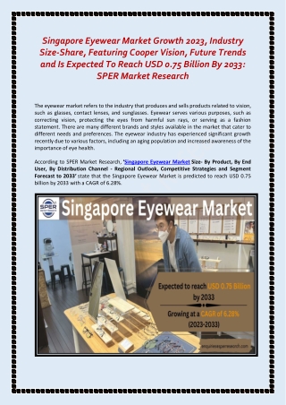 Singapore Eyewear Market Growth, Trends, Outlook and Research Report 2023-2033