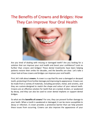 The Benefits of Crowns and Bridges: How They Can Improve Your Oral Health