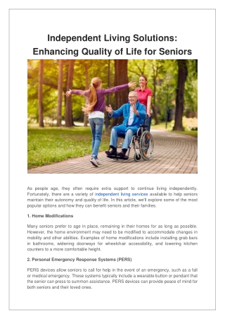 Independent Living Solutions Enhancing Quality of Life for Seniors