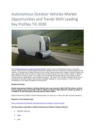 Autonomous Outdoor Vehicles Market Opportunities and Trends With Leading Key Profiles Till 2030