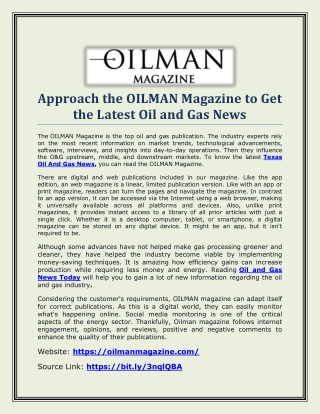 Approach the OILMAN Magazine to Get the Latest Oil and Gas News