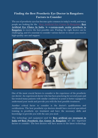 Finding the Best Prosthetic Eye Doctor in Bangalore Factors to Consider