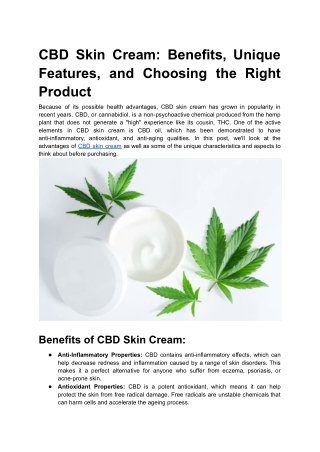 CBD Skin Cream_ Benefits, Unique Features, and Choosing the Right Product