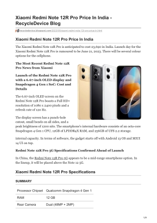 Xiaomi Redmi Note 12R Pro Price In India