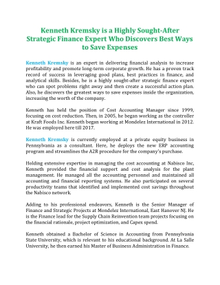 Kenneth Kremsky is a Highly Sought-After Strategic Finance Expert Who Discovers Best Ways to Save Expenses