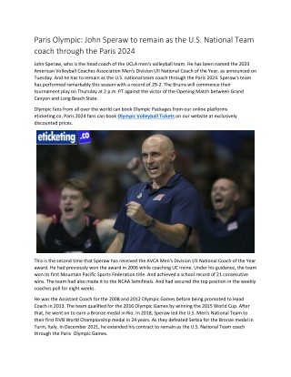 Paris Olympic John Speraw to remain as the U.S. National Team coach through the Paris 2024