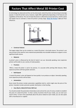 Factors That Affect Metal 3D Printer Cost