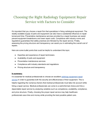 Choosing the Right Radiology Equipment Repair Service with Factors to Consider(weare626 PDF )27APR2023