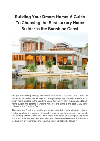 Building Your Dream Home A Guide To Choosing the Best Luxury Home Builder in the Sunshine Coast