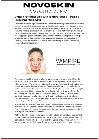 Unleash Your Inner Glow with Vampire Facial in Toronto's Premier Novoskin Clinic