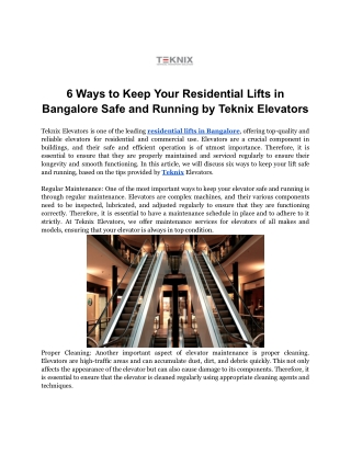 6 Ways to Keep Your Residential Lifts in Bangalore Safe and Running Tips by Teknix Elevators