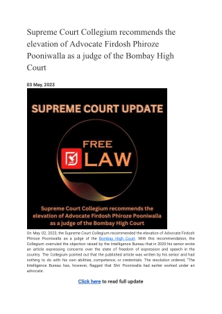 Supreme Court Collegium recommends the elevation of Advocate Firdosh Phiroze Pooniwalla as a judge of the Bombay High Co