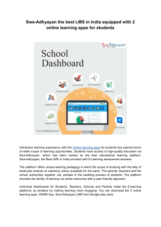 Swa-Adhyayan the best LMS in India equipped with 2 online learning apps for students