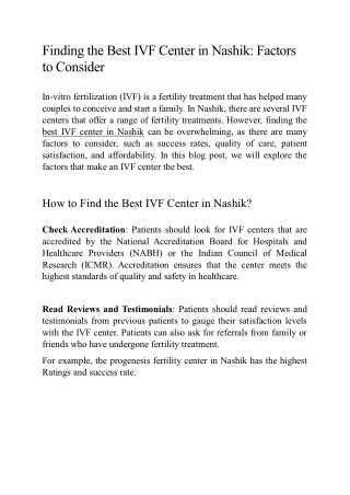 Finding the Best IVF Center in Nashik - Factors to Consider