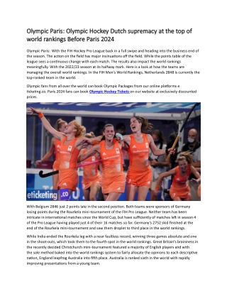 Olympic Paris Olympic Hockey Dutch supremacy at the top of world rankings Before Paris 2024