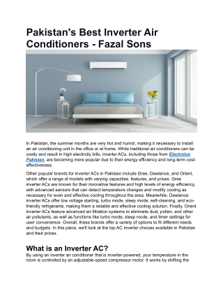 Pakistan's Best Inverter Air Conditioners - Fazal Sons