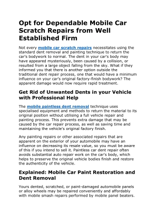 Opt for Dependable Mobile Car Scratch Repairs from Well Established Firm