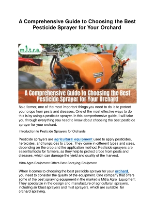 A Comprehensive Guide to Choosing the Best Pesticide Sprayer for Your Orchard