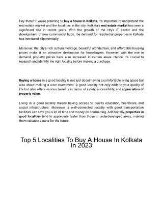 Best Localities To Buy A House In Kolkata