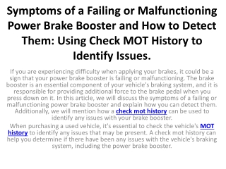 Symptoms of a Failing or Malfunctioning Power Brake Booster and How to Detect Them Using Check MOT History to Identify I