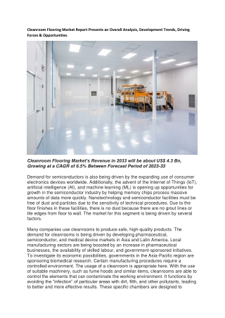 Cleanroom Flooring Market Report Presents an Overall Analysis, Development Trend