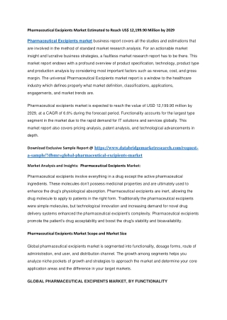Pharmaceutical Excipients Market Estimated to Reach US 12,199.90 Million by 2029